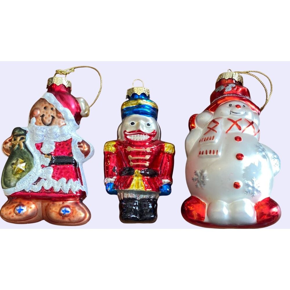Set Of 3 Hand-Painted Glass Christmas Ornaments Nutcracker Gingerbread Snowman C